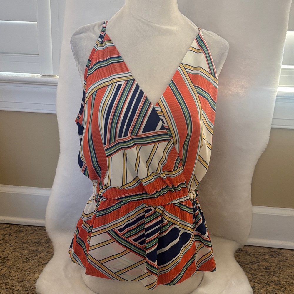 Joy Joy Multicolor Striped Sleeveless Tank Top - Orange, Navy, Cream